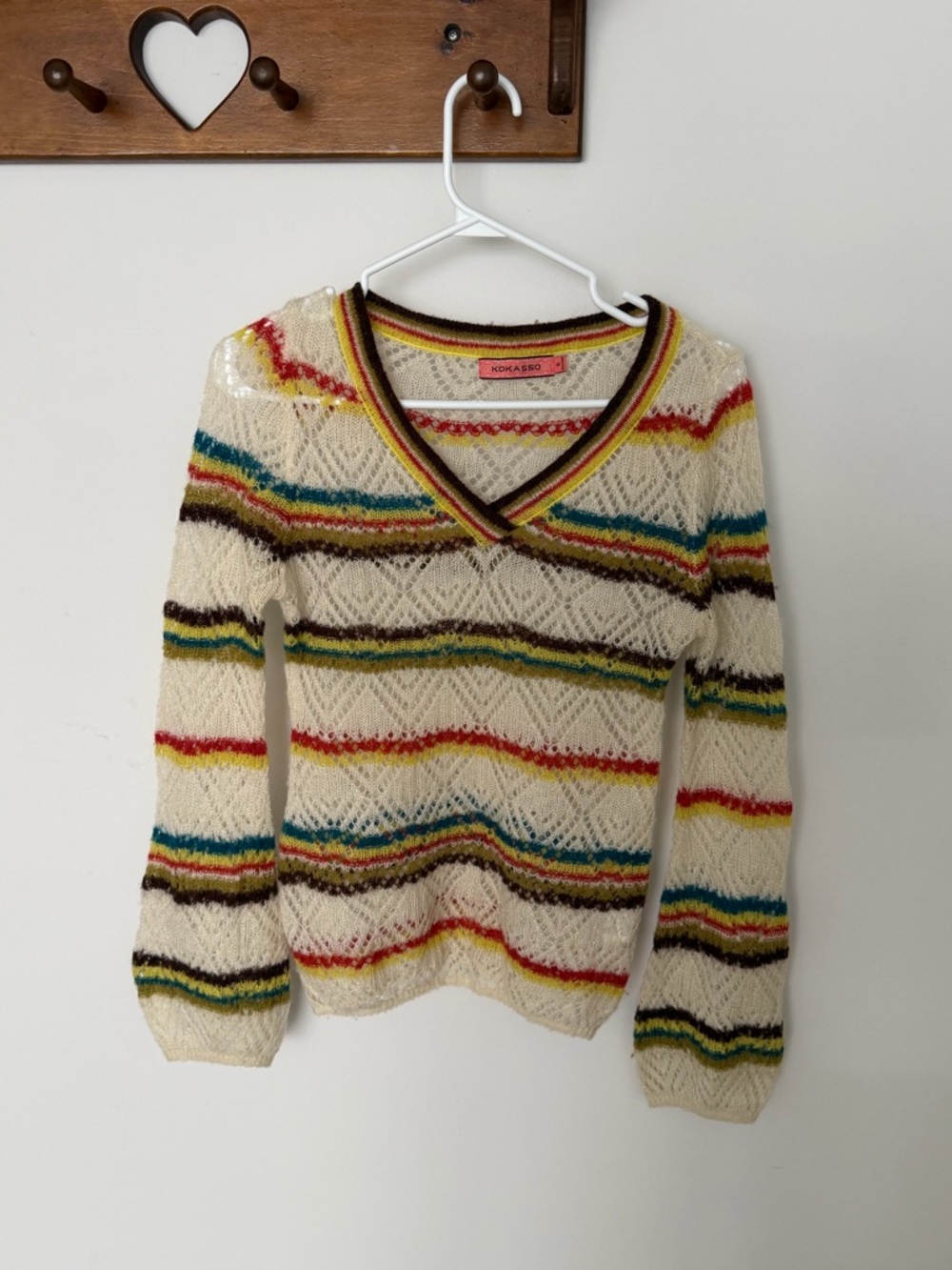 Cream V-Neck Striped Open-Knit Sweater